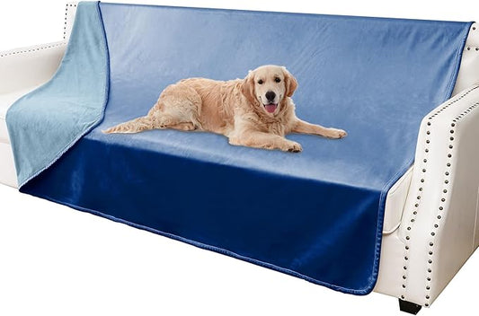 Waterproof Dog Blankets, Washable Pee Proof Pet Blanket for Couch, Soft Reversible Puppy Throw Furniture Protector Cover for Bed Sofa-52"x82",Navy Blue+Stone Blue