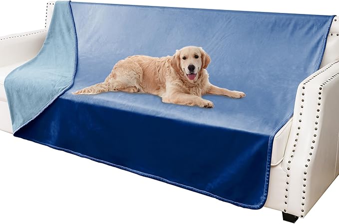 Waterproof Dog Blankets, Washable Pee Proof Pet Blanket for Couch, Soft Reversible Puppy Throw Furniture Protector Cover for Bed Sofa-68"x82",Navy Blue+Stone Blue