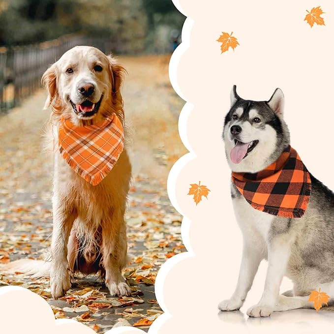 Kytely Thanksgiving Fall Dog Bandana 2 Pack, Autumn Dog Bandanas X-Large, Orange Plaid Pet Scarf for Boy and Girl, Holiday Halloween Reversible Triangle Bibs Accessories for Dogs Pets