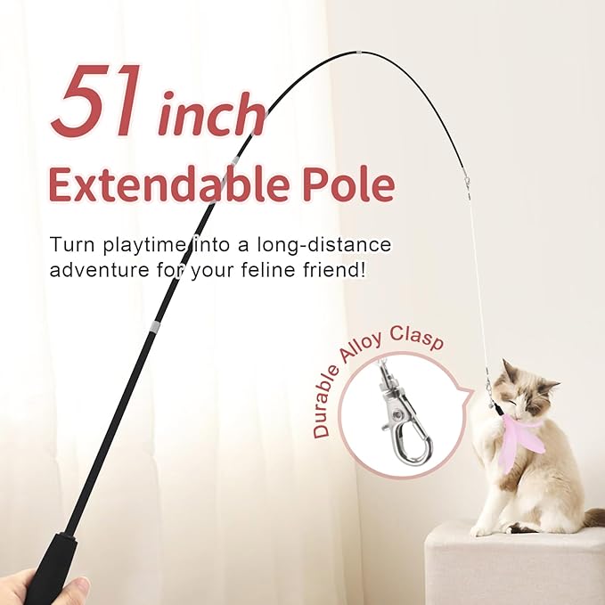 SONGWAY Cat Wand Toys for Indoor Cats - Cat Toy Set with Retractable Teaser Wand and 6 PCS Fairy Feather Toy Refills, Dragonfly Tassel Plush Cat Toys Interactive, Pink