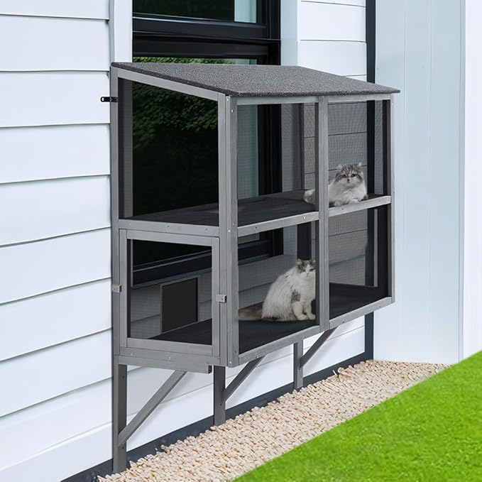 beeNbkks 2 Tiers Bug Proof Cat Catio, Window Cat House with Metal Mesh, Outdoor Enclosure for Indoor Pets, Expandable Wooden Perch, Safe Comfortable Haven for Pets, Keep Bugs Insects Out