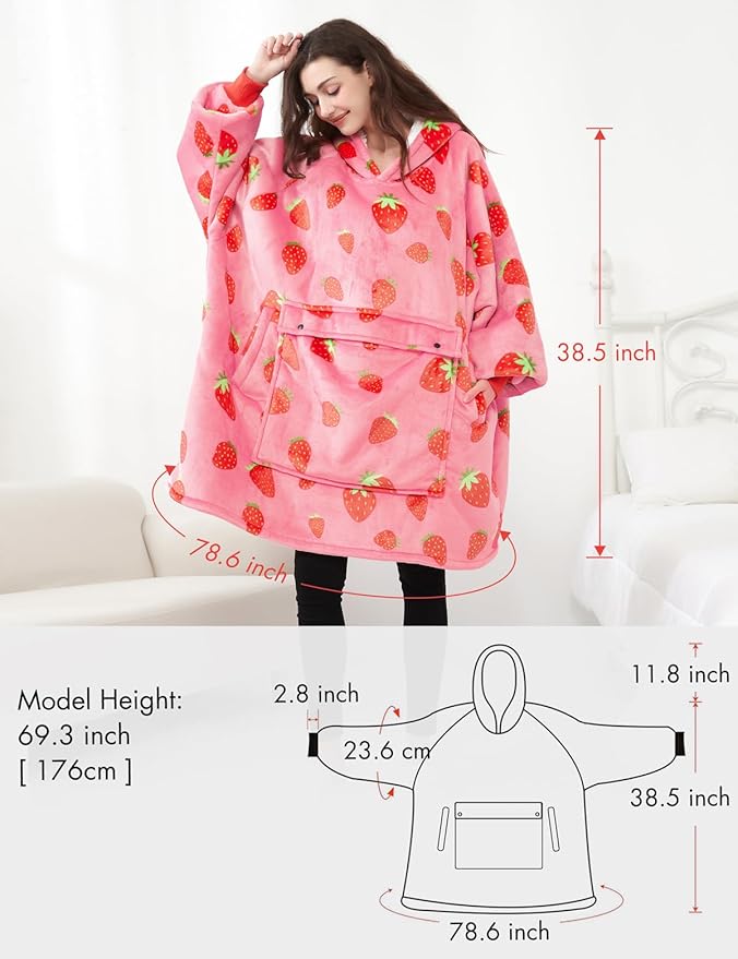 KFUBUO Wearable Blanket Hoodie for Adults Sherpa All Patterns Oversized Sweatshirt Blanket with Pockets Cute Birthday Gifts for Sister Strawberry