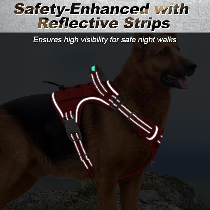 BARKBAY Service Dog Vest Tactical Dog Harness Medium Large Sized Dog Tags Personalized No Pull Adjustable Harness Reflective K9 Working Training Easy Control Military Molle System(Red,L