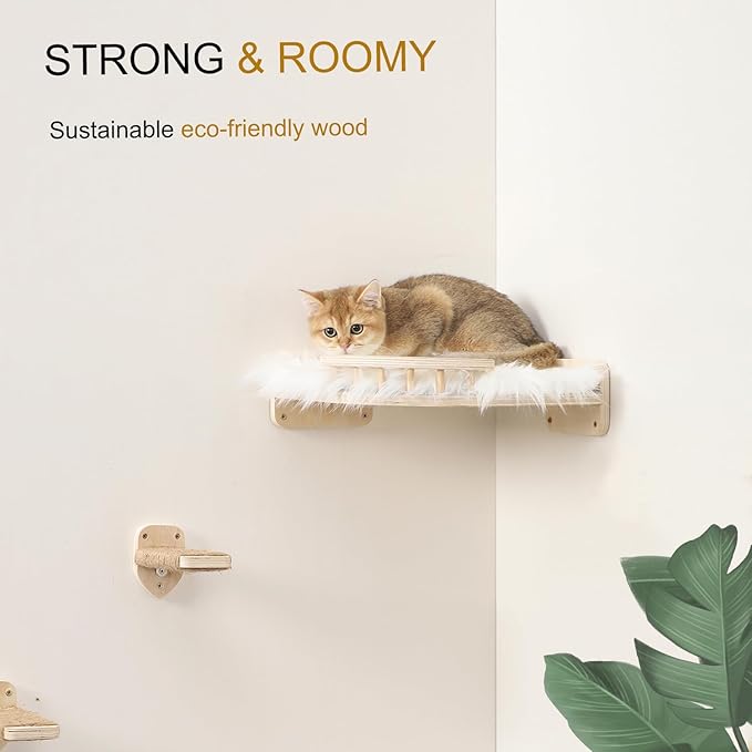 Cat Wall Shelves - 3 Steps Scratch Post & Hammock Bed with Plush Cover, Climbing Shelf for Indoor Cats (Wood)