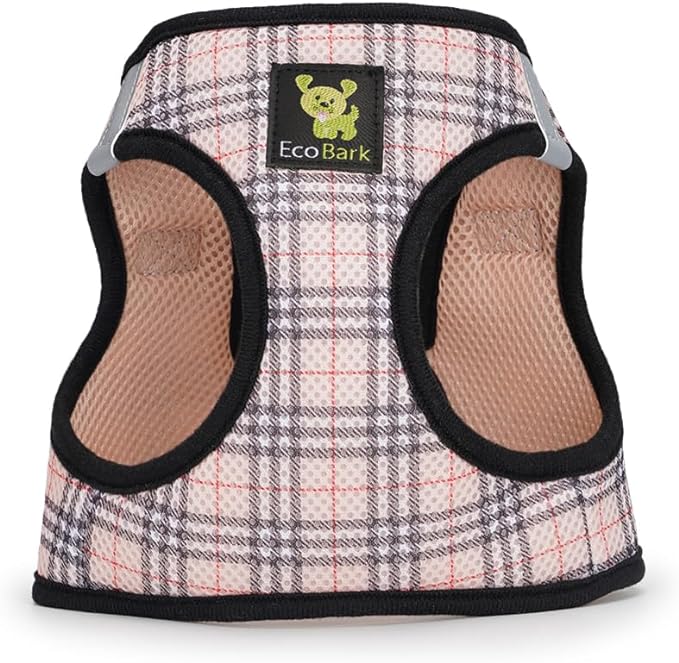 EcoBark Step in Dog Harness - Eco-Friendly Small Breed Dog Harnesses for Small and Medium Breed Dogs - Reflective and Adjustable Body Halter Vest - Soft Mesh Toy Breed Harness (Beige Plaid, Large)