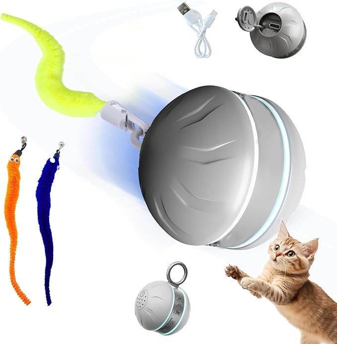 Speedy 2.0 Tail Interactive Cat Toys for Bored Indoor Adult Cats with 3 Tails,Automatic Cat Toy Ball Self Moving Chirping,Smart Kitten Rechargeable Cat Balls for Enrichment Exercise Essentials (Grey)