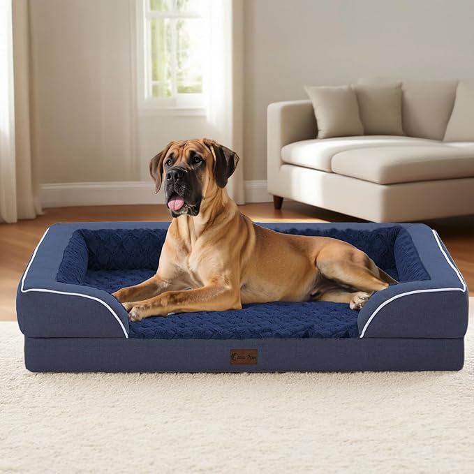Orthopedic Dog Beds for Extra Large Sized Dogs, Waterproof Memory Foam XL Pet Bed with Sides 42x30Inch, Non-Slip and Egg-Crate Foam Big Dog Couch Bed with Removable Washable Cover, Navy Blue