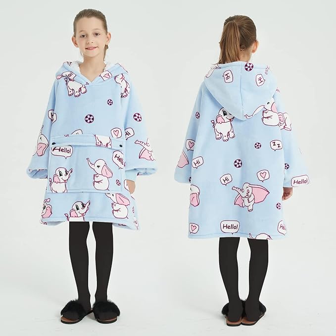 KFUBUO Wearable Blanket Hoodie for Kids Sherpa Patterns Oversized Sweatshirt Blanket With Pocket 6-10 Year Old Girl Boy Birthday Gifts Elephant