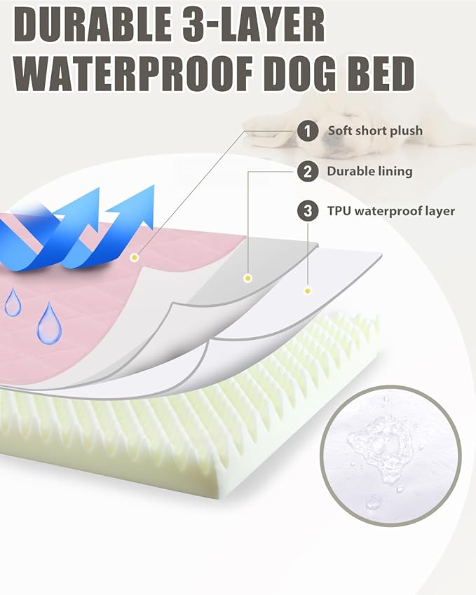 Orthopedic Dog Beds for Extra Large Dogs Waterproof Pet Kennel Pad with Removable Washable Cover and Non-Slip Bottom, 47x29 Inch, Pink