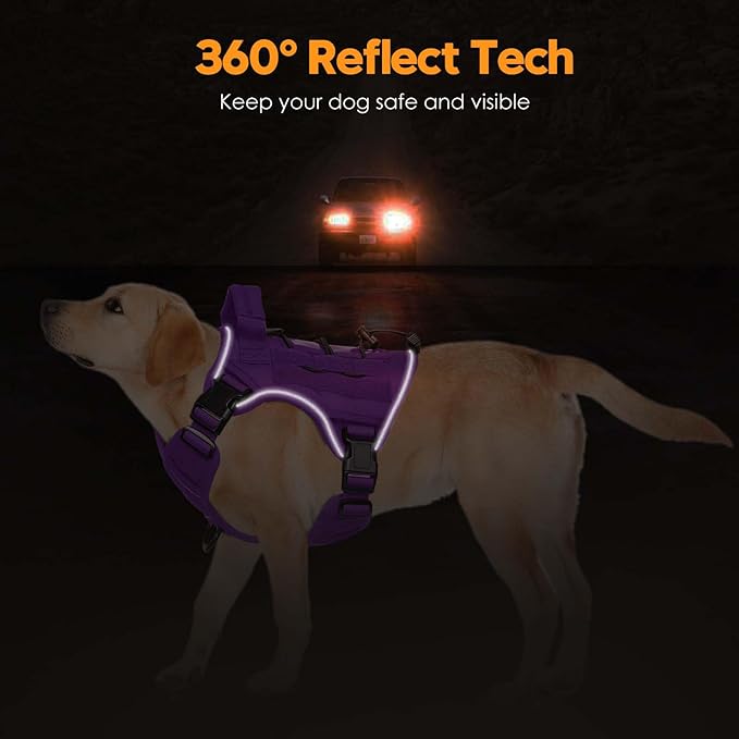 Heavy-Duty Tactical Dog Harness for Large Dogs, No Pull Adjustable Reflective Pet Vest with Molle System, K9 Military-Grade Control for Service Training, Outdoor & 10+ Breeds, Purple, Medium