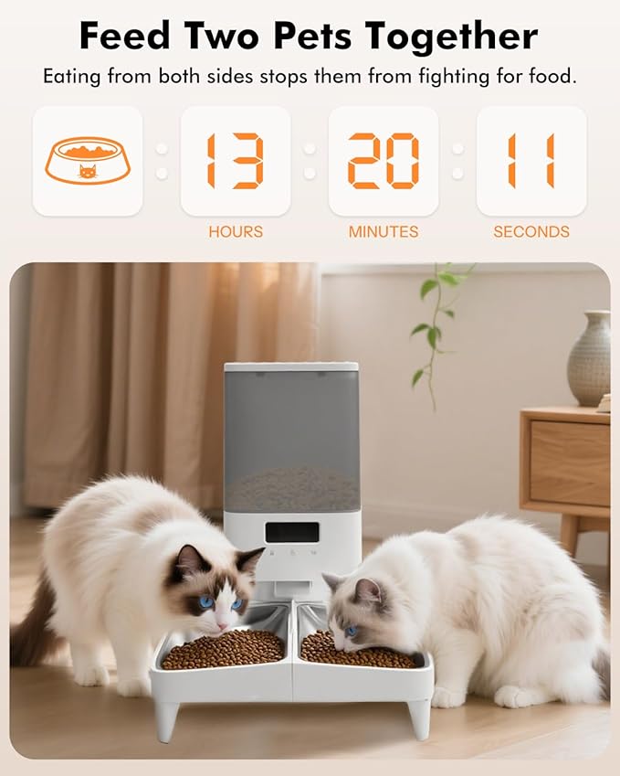 Automatic Cat Feeder for 2 Cats, 5L Automatic Cat Food Dispenser for Small Pets Indoor, 2.4G WiFi Pet Feeder with Free APP Control, Whisker-Friendly Bowls, 1-10 Meals/Day, Detachable for Easy Clean