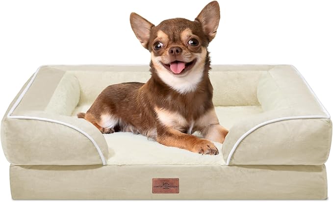 Comfort Expression Orthopedic Dog Bed for Small Dogs 24x16 Inch, Waterproof Supportive Egg Crate Foam Small Pet Bed with Removable Bolsters, Dog Couch with Washable Cover & Non-Slip Bottom, Beige