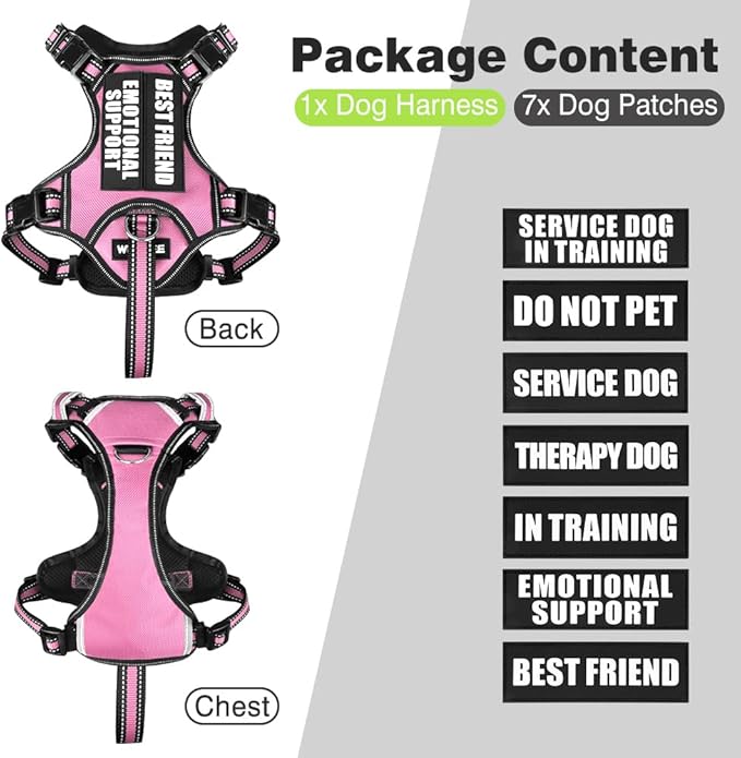 WINSEE Large Pink Service Dog Harness with 7 Patches, No Pull Reflective Dog Vest for Training, Mesh Soft Padded Handle, Adjustable Fit for Dogs 50-80 lbs.