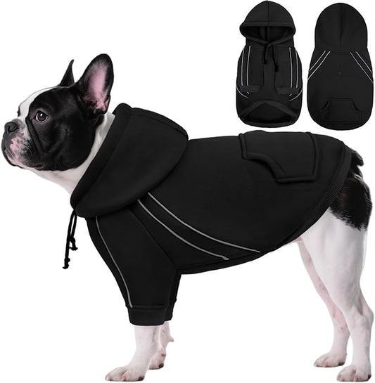 ASENKU Cozy Dog Hoodie，Soft Sweater with Adjustable Hood, Back Pocket and Leash Access Hole，Warm Reflective Sweatshirt for Cold Weather（Black，M