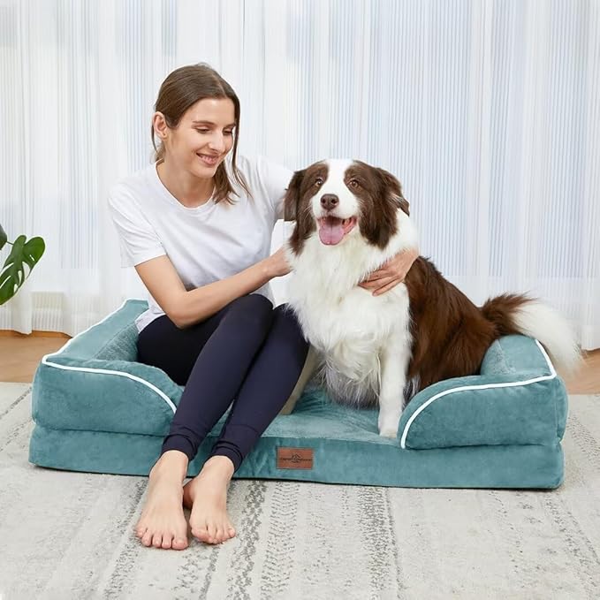 Comfort Expression Orthopedic Dog Bed for Large Dogs 36x27 Inch, Waterproof Supportive Egg Crate Foam Large Pet Bed with Removable Bolster, Dog Couch with Washable Cover & Non-Slip Bottom, Washed Blue