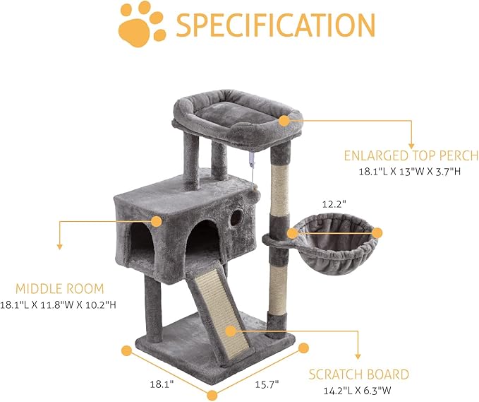 SHA CERLIN Cat Tree 36 Inches Cat Tower with Hammock, Sisal Scratching Post for Indoor Kittens, Small Room, Grey