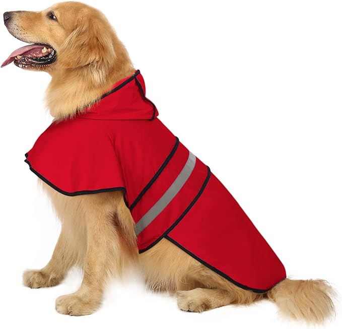HDE Dog Raincoat Jacket Reflective Adjustable Hooded Pet Poncho Rain Coat with Leash Hole for Small to X-Large Dogs Red - XL