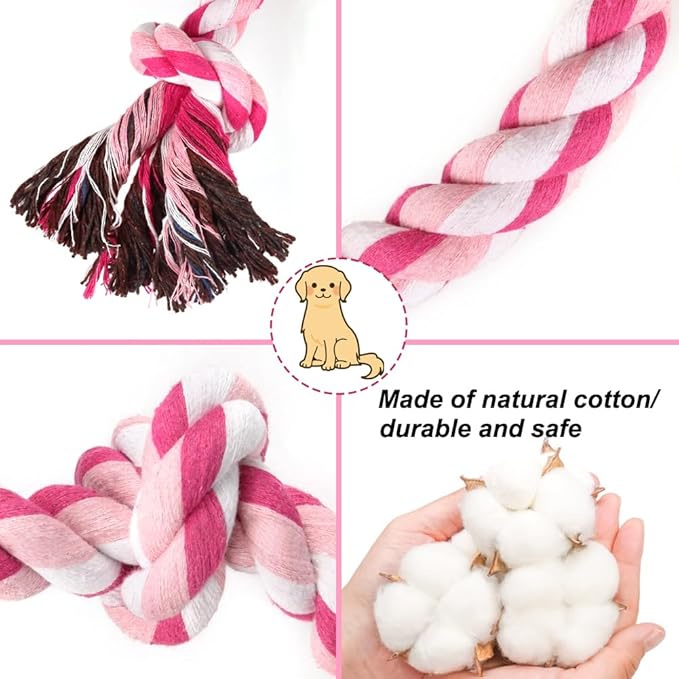 SZEE Dog Rope Toys, 24 in 3 Knots Chew Rope for Small, Medium and Large Dogs, Natural Cotton Pet Pull Toy for Tug of War and Teeth Cleaning (Pink)