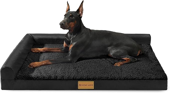 Patas Lague Orthopedic XL Dog Bed Large Sized Dog 48''X30'', Waterproof L Bolster Big Pet Sofa Beds with Removable Washable Cover, Soft Comfortable Pet Couch Crate Mat with Nonskid Bottom, Black
