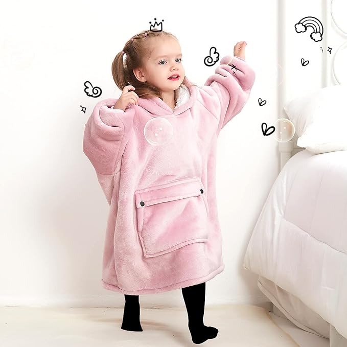 KFUBUO Wearable Blanket Hoodie for Kids Toddlers Sherpa Blanket Sweatshirt With Pocket Cute Hoodies 2-6 Year Old Girl Cute Birthday Gifts Pink