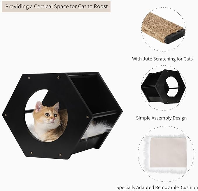 Cat Shelves with 3 Steps Scratcher Post & Hammock - Wall Mounted Climbing Shelf for Indoor Cats (Black)