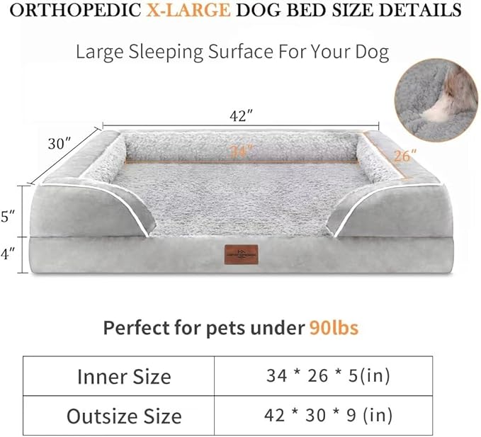 Comfort Expression Orthopedic Dog Bed for Extra Large Dogs 42x30 Inch, Waterproof Supportive Memory Foam XL Pet Bed with Removable Bolsters, Dog Couch with Washable Cover & Non-Slip Bottom, Light Grey