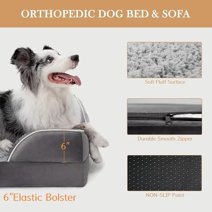 Comfort Expression Orthopedic Dog Bed for Extra Large Dogs 53x42 Inch, Waterproof Memory Foam XXL Pet Bed with Removable Bolsters, Dog Couch with Washable Cover & Non-Slip Bottom, Silver Grey