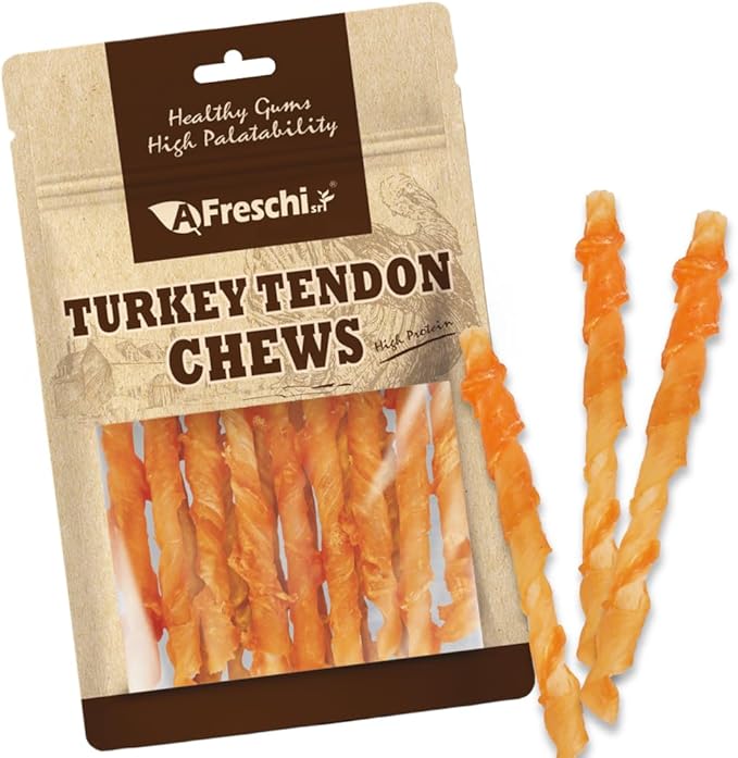 AFreschi Turkey Tendons for Dogs, USA-Sourced, Healthy Dog Treats, Rawhide-Free Puppy Chews, Long Lasting, All Natural, Hypoallergenic Dog Treats, Classic Series, Coil (L), 3 oz Pack
