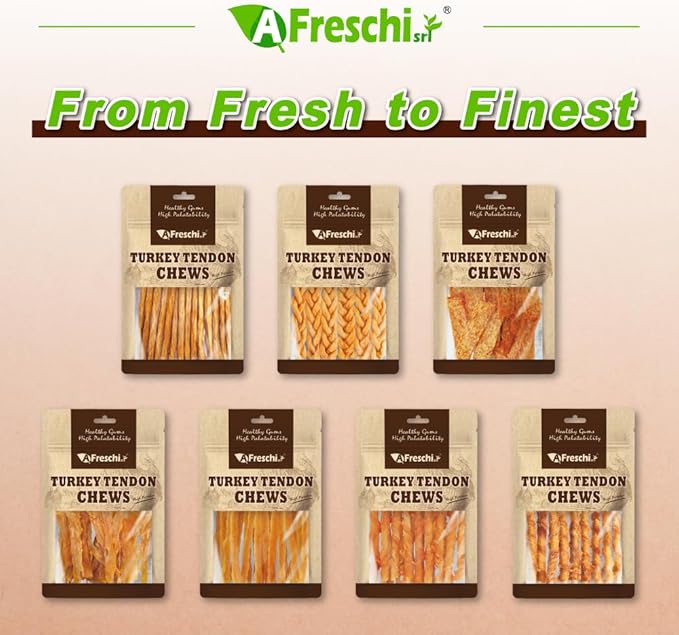AFreschi Turkey Tendons for Dogs, USA-Sourced, Healthy Dog Treats, Rawhide-Free Puppy Chews, Long Lasting, All Natural, Hypoallergenic Dog Treats, Classic Series, Flaked, 3.5 oz Pack