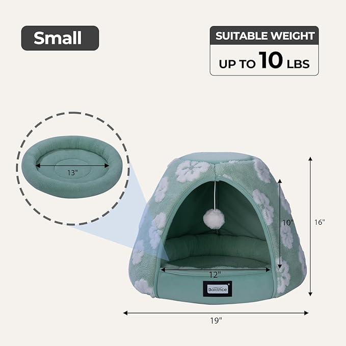 BALANCE Cat Beds for Indoor Cats, 2-in-1 Cat Bed Cave with Anti-Slip Bottom and Ultra-Soft Plush, Cozy Cats House Tent for Kittens and Small Dogs, 19 Inches, Green