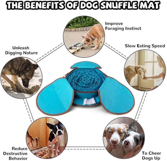 AWOOF Pet Snuffle Mat for Dogs, Interactive Feed Game for Boredom, Encourages Natural Foraging Skills for Cats Dogs Bowl Travel Use, Dog Treat Dispenser Indoor Outdoor Stress Relief (Blue)