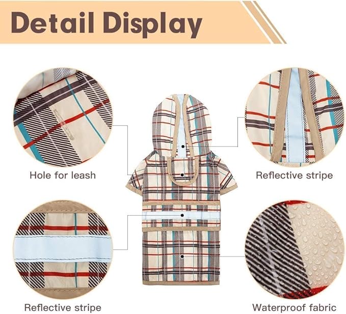 KOOLTAIL Dog Raincoat Hooded Slicker Poncho with Leash Hole, Raincoat for Small Medium Dogs, Waterproof Dog gie Rain Jacket with Reflective Strip, Adjustable Breathable Plaid Puppy Rainwear-Beige