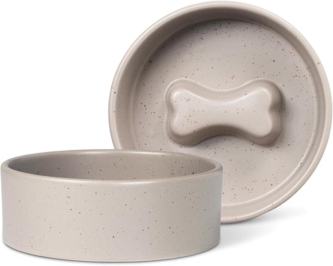 Fringe Studio Speckled Bone Taupe Small Ceramic Slow Feeder Pet Bowl (5" Diameter x 1.75" H, 10 fl.oz.), PetShop Collection (780SM002)