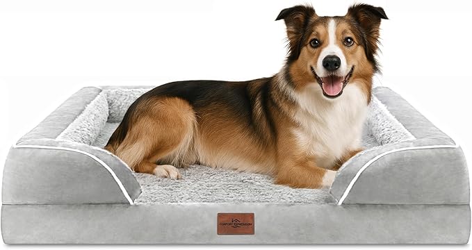 Comfort Expression Orthopedic Dog Bed for Large Dogs 38x25 Inch, Waterproof Supportive Egg Crate Foam Large Pet Bed with Removable Bolsters, Dog Couch with Washable Cover & Non-Slip Bottom, Gery White