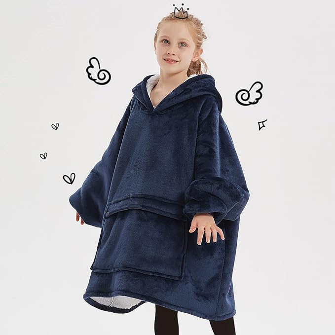KFUBUO Wearable Blanket Hoodie for Kids Sherpa Patterns Oversized Sweatshirt Blanket With Pocket 6-10 Year Old Girl Boy Birthday Gifts Navy