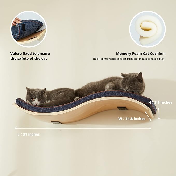 Cat Wall Shelf with Two Steps - Wave Cat Shelves and Perches for Wall - Wall Mounted Cats Furniture for Sleeping, Playing, Climbing, and Lounging