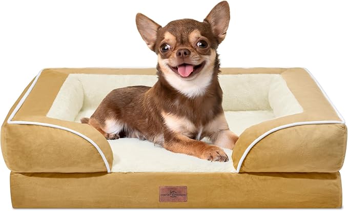 Comfort Expression Orthopedic Dog Bed for Small Dogs 24x16 Inch, Waterproof Supportive Egg Crate Foam Small Pet Bed with Removable Bolsters, Dog Couch with Washable Cover & Non-Slip Bottom, Caramel