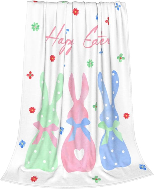 Happy Easter Rabbit Throw Blanket, Bunny Floral Soft Cozy Blankets, Cute Lightweight Flannel Blanket for Easter Decorations, All Season Warm Fleece Blanket for for Couch Bed Sofa 50x60 Inch