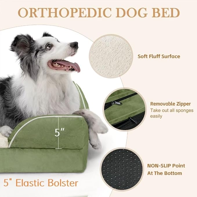 Comfort Expression Orthopedic Dog Bed for Extra Large Dogs 42x30 Inch, Waterproof Egg Crate Foam XL Pet Bed with Removable Bolsters, Dog Couch with Washable Cover & Non-Slip Bottom, Light Green