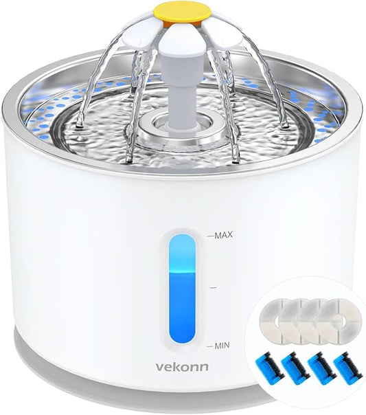 Cat Water Fountain Stainless Steel Top with 4 Filters & 4 Sponges, 2.4L Pet Water Fountain for Small Dog and Cat with LED Light and Water Level Window (Grey)