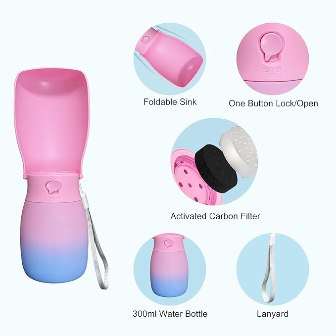 Dog Water Bottle Portable 10Oz, Food Grade Plastic Travel Water Bowl for Puppies Small Medium Large Dogs, Pet Water Dispenser, Pet Essentials for Outdoor Walking Hiking, Dog Gifts