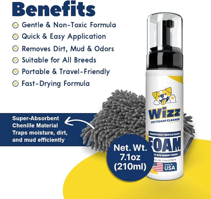 Muddy Mat® Wizz Paw Foam & Pet Grooming Mitt – No-Rinse Cleaner for Dogs Large & Small – Paw Cleanser & Chenille Bath Mitt – Portable Grooming Solution – 7 fl oz