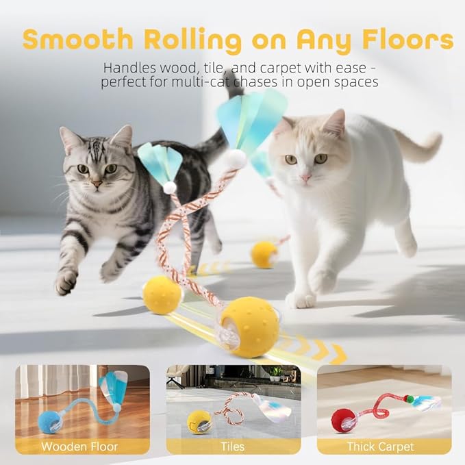 Interactive Cat Toys Ball for Indoor Cats with Elastic Mesh Net Tails – 3 Working Modes for Agile Movement, Motion Activated, USB-C Rechargeable, Ideal for Indoor Cats (Yellow)