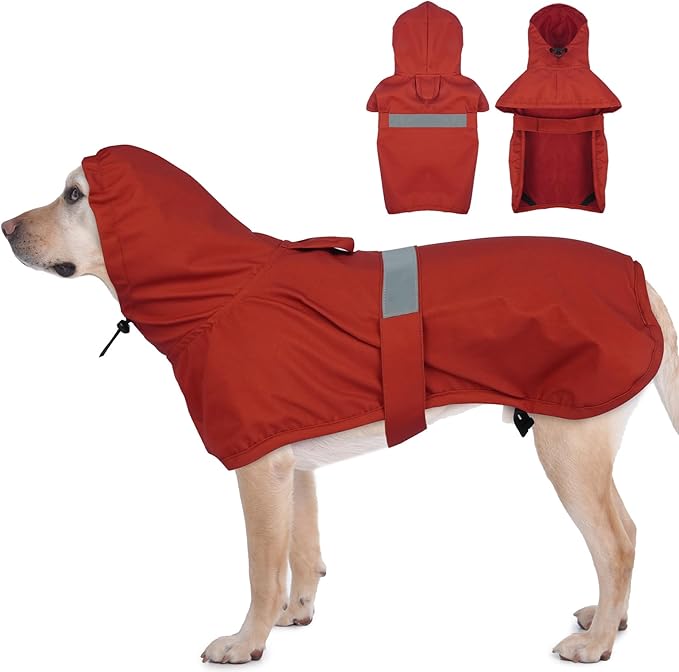 MIGOHI Dog Rain Coat, Hooded Rain Jacket for Dog | Adjustable Hood and Hind Leg Straps Dogs Rain Coat, Reflective Strap for Night Walking, Red, XL