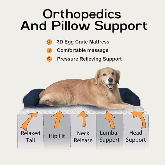 Large Dog Bed Orthopedic Washable | Beds Bolster Pet - XXL Large Big Dogs - Memory Foam - Couch Sofa - Waterproof with Removable Cover | Navy Blue Dog Bed