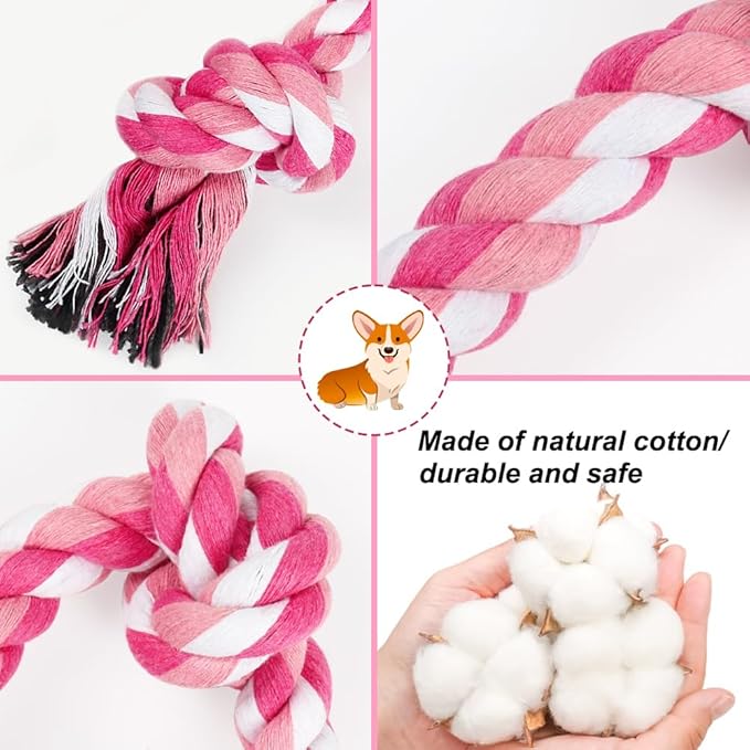 SZEE Dog Rope Toy, 14 in 3 Knots Chew Rope for Small Medium Dogs, Natural Cotton Pull Toy for Tug of War and Teeth Cleaning (Pink)
