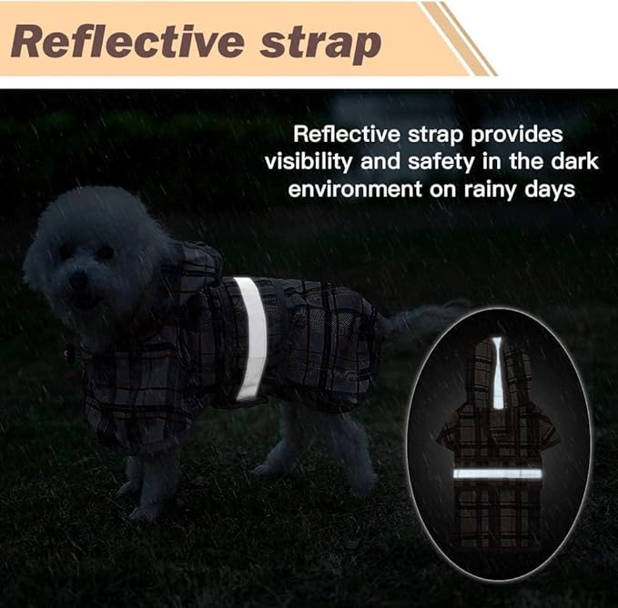 KOOLTAIL Dog Raincoat Hooded Slicker Poncho with Leash Hole, Raincoat for Small Medium Dogs, Waterproof Dog gie Rain Jacket with Reflective Strip, Adjustable Breathable Plaid Puppy Rainwear-Beige