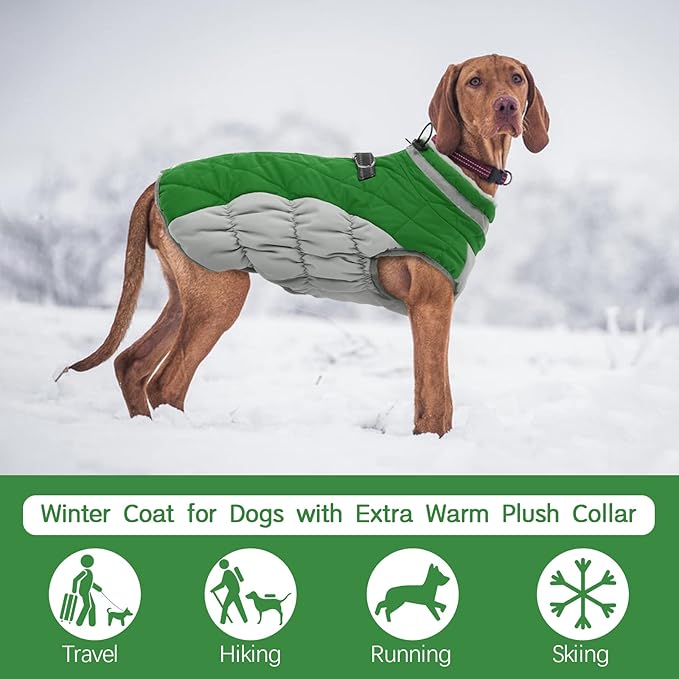FUAMEY Dog Coat for Large Dogs,Waterproof Dog Winter Jacket with Harness Built in Puppy Cold Weather Coats Reflective Pet Vest with Zipper Warm Fleece Dogs Snowsuit Windproof Green XL