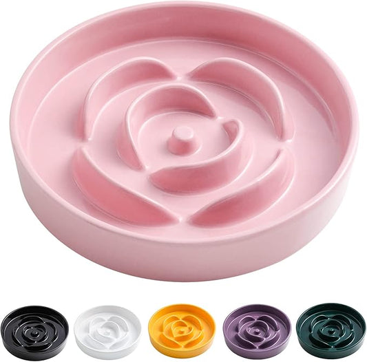 8.66 in Pink Ceramic Slow Feeder Dog Bowl for Medium and Large Breed - Heavy Weighted Puzzle Feeding Dish for Fast Eaters, Modern Maze Design