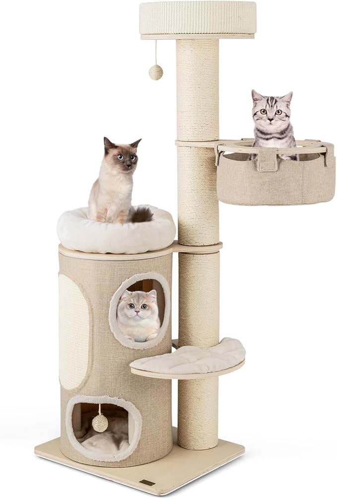 PETSITE 61 inch Cat Tree Tower, Multi-Level Wooden Cat Tower with Sisal Scratching Posts & Board, 2-Tier Condo, 2 Perches, Side Basket, and Interactive Sisal Ball